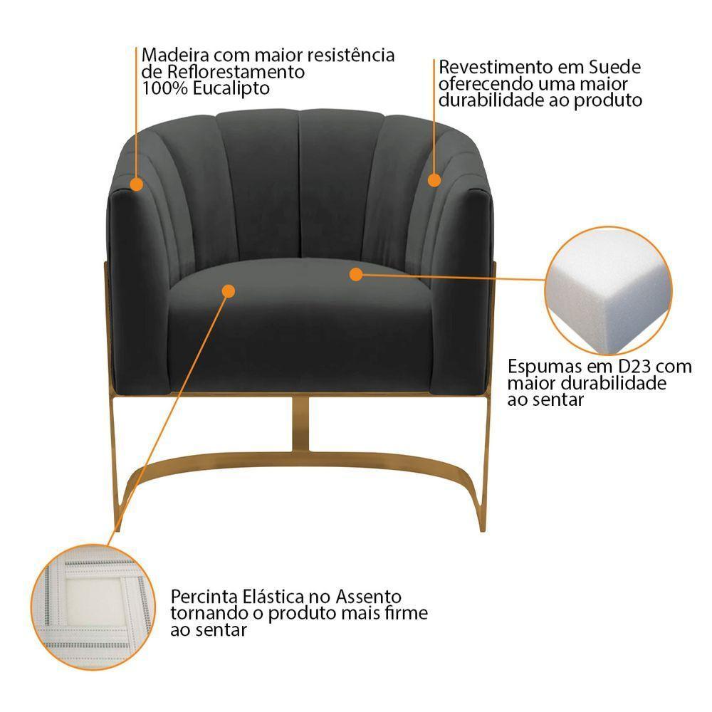 Kit 2 Poltronas Decorativas Sala De Estar Recepção Mavie Base De Ferro Dourado Suede - Amarena Móveis Cor Cinza Escuro - 8