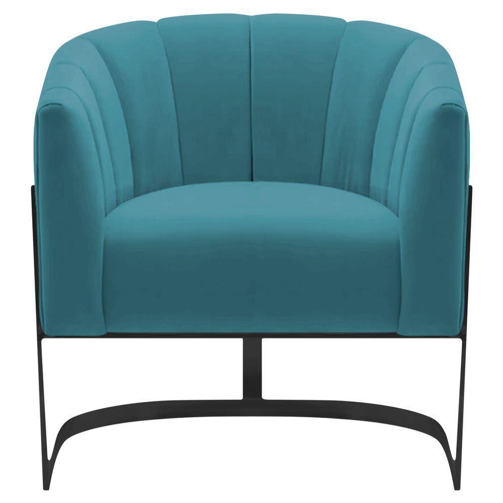 Poltrona Decorativa Sala De Estar Recepção Mavie Base De Ferro Preto Suede - Amarena Móveis Cor Azul Turquesa - 8