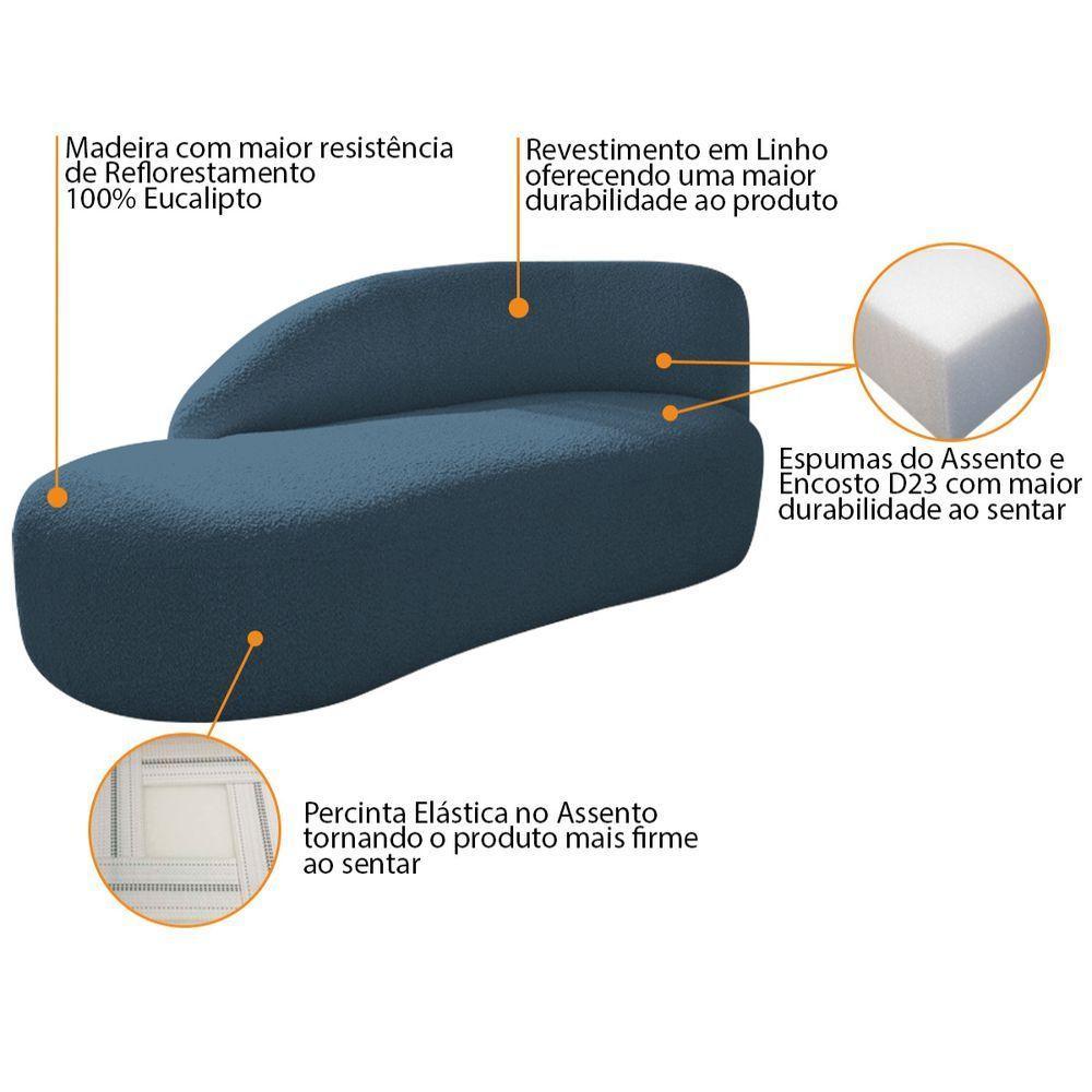 Kit Divã Luna 185cm Lado Esquerdo E 02 Poltronas Base De Ferro Dourado Linho Cor Azul Royal - 5