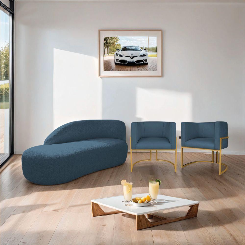Kit Divã Luna 185cm Lado Esquerdo E 02 Poltronas Base De Ferro Dourado Linho Cor Azul Royal - 7