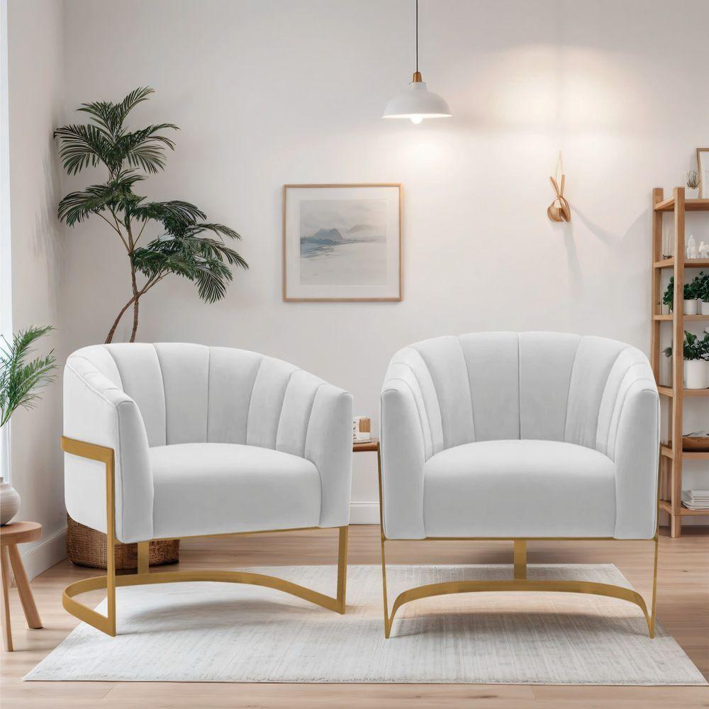 Kit 2 Poltronas Decorativas Sala De Estar Recepção Mavie Base De Ferro Dourado Suede - Amarena Móveis Cor Branco - 3