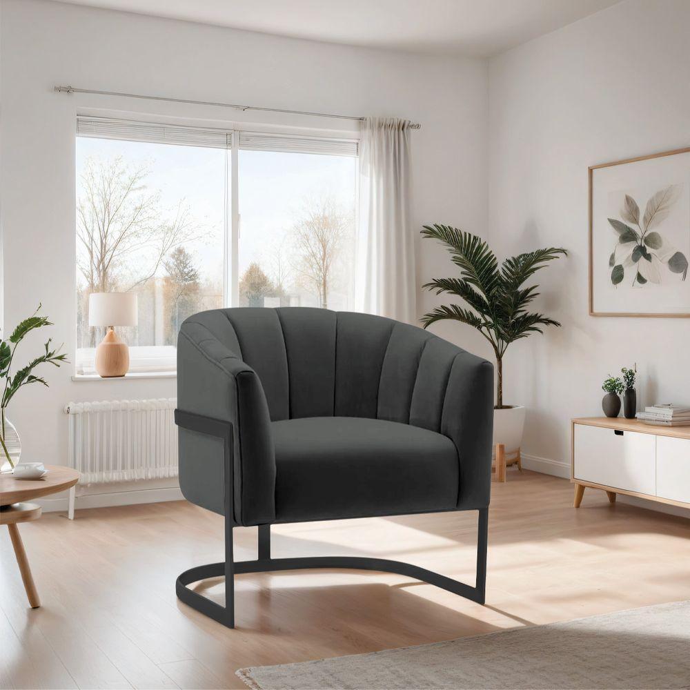 Poltrona Decorativa Sala De Estar Recepção Mavie Base De Ferro Preto Suede - Amarena Móveis Cor Cinza Escuro - 8