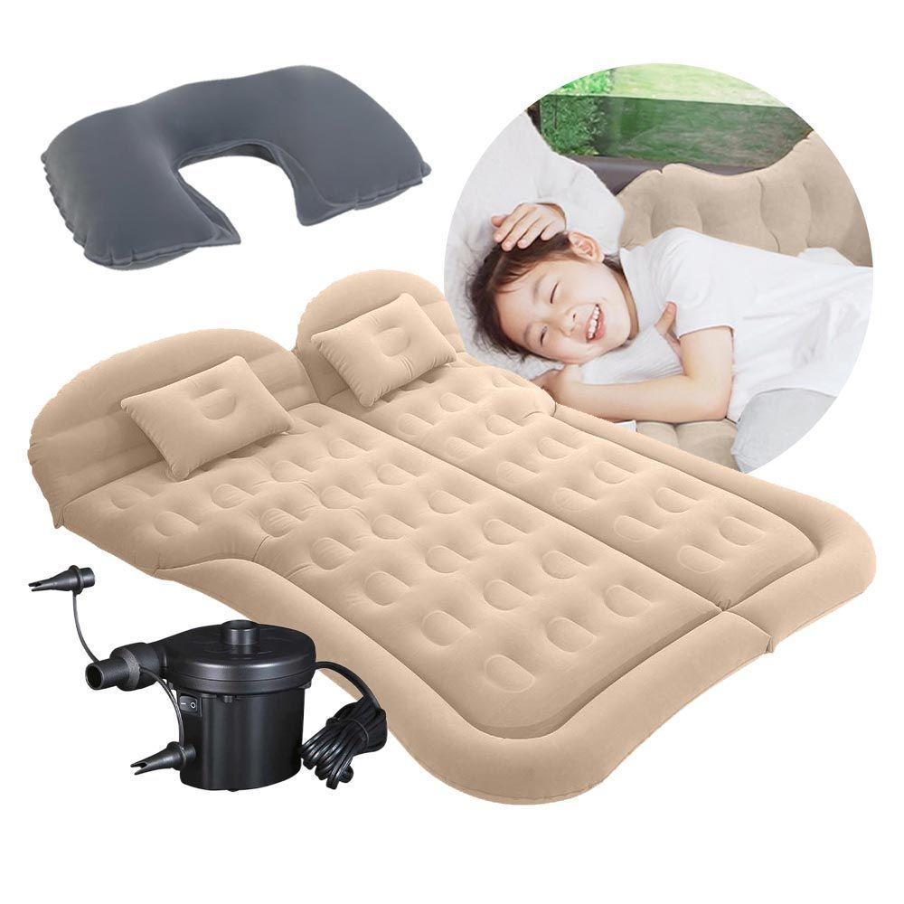 Colchão Cama Aveludada Inflável Para Viagem Suv Carro Com Bomba Elétrica 12v E Almofada De Pescoço Vg Plus Bege - 1