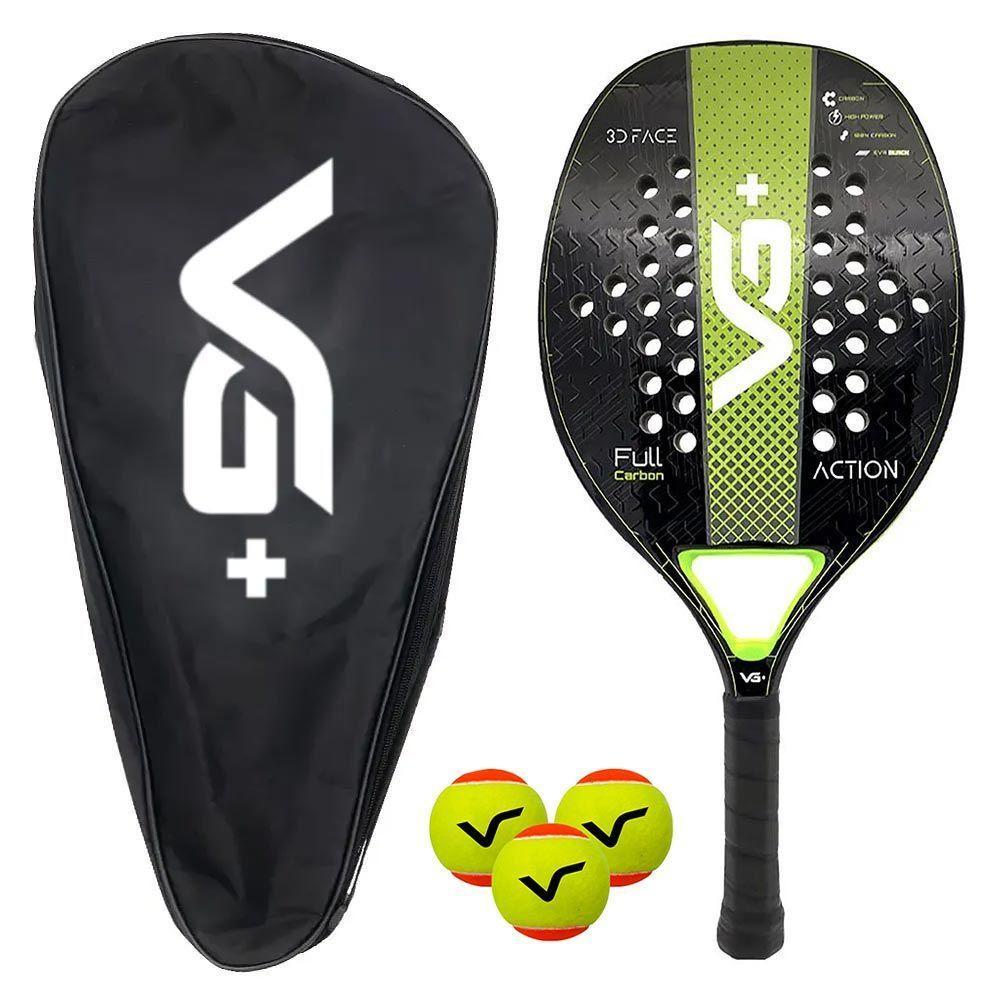 Kit Raquete De Beach Tennis Action Full Carbon Verde Com 3 Bolas E Bolsa De Transporte Vg Plus - 1