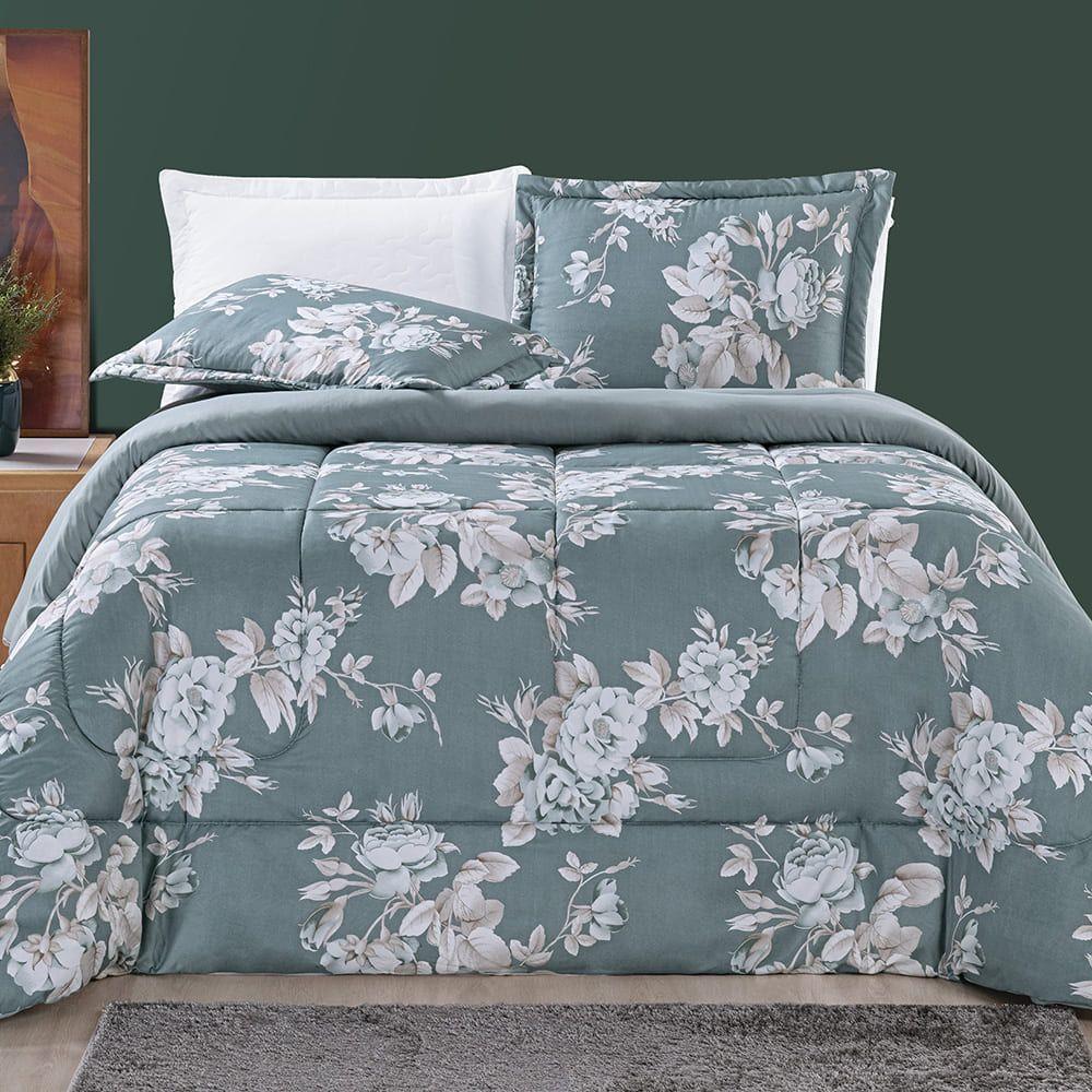 Edredom Júlia Casal King 03 Peças Tecido Dupla Face Microfibra 200 Fios Floral - Primavera - 1