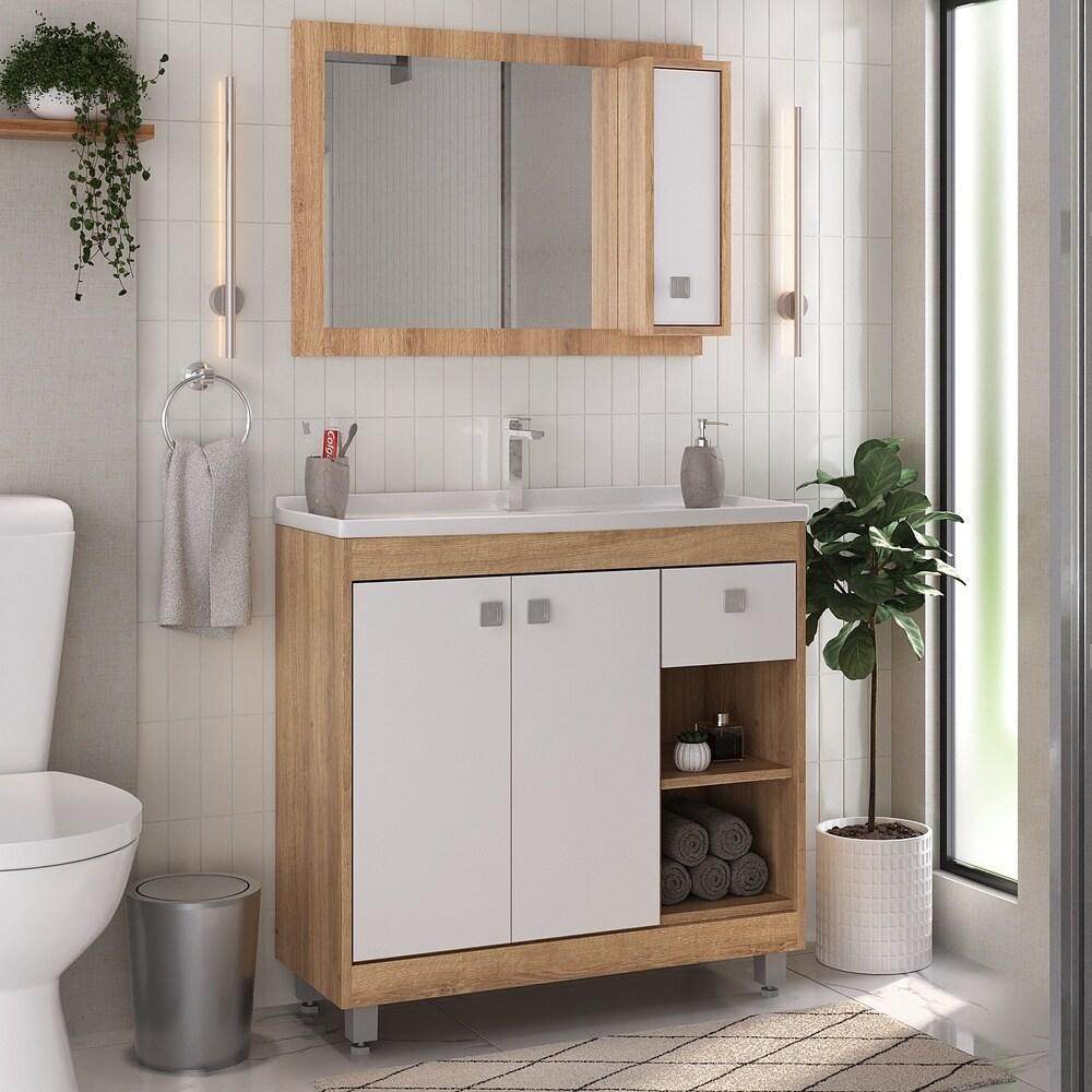 Gabinete Banheiro Com Cuba 80cm Castanho Argel/branco - 1