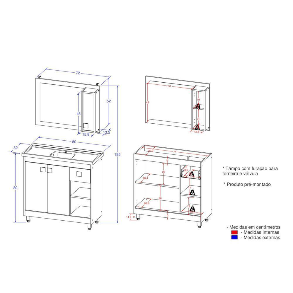 Gabinete Banheiro Com Cuba 80cm Castanho Argel/branco - 4