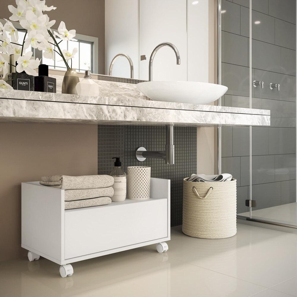 Balcão Gabinete Banheiro Com Rodízios 80Cm Multimóveis V2608 Branco Branco - 2