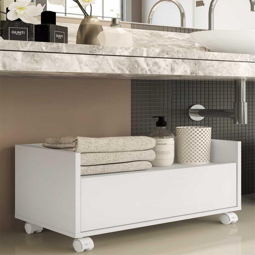 Balcão Gabinete Banheiro Com Rodízios 80Cm Multimóveis V2608 Branco Branco - 7