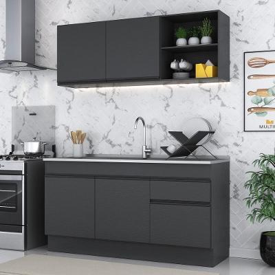 Cozinha Compacta Mp2114 5 Portas 1 Gaveta Mdf 150cm Preto com Balcão e Armário Aéreo