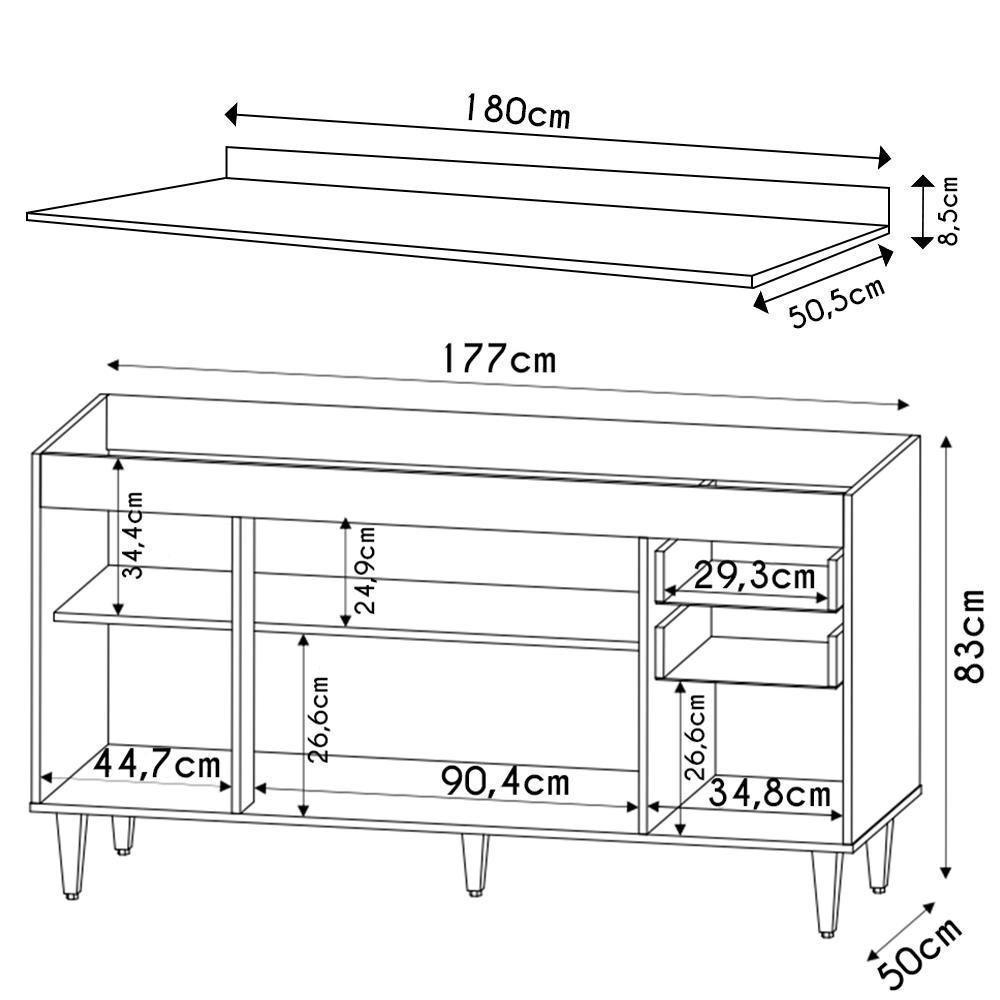 Balcão Gabinete 180cm Com Tampo Dallas Castanho-preto - Lumil - 4