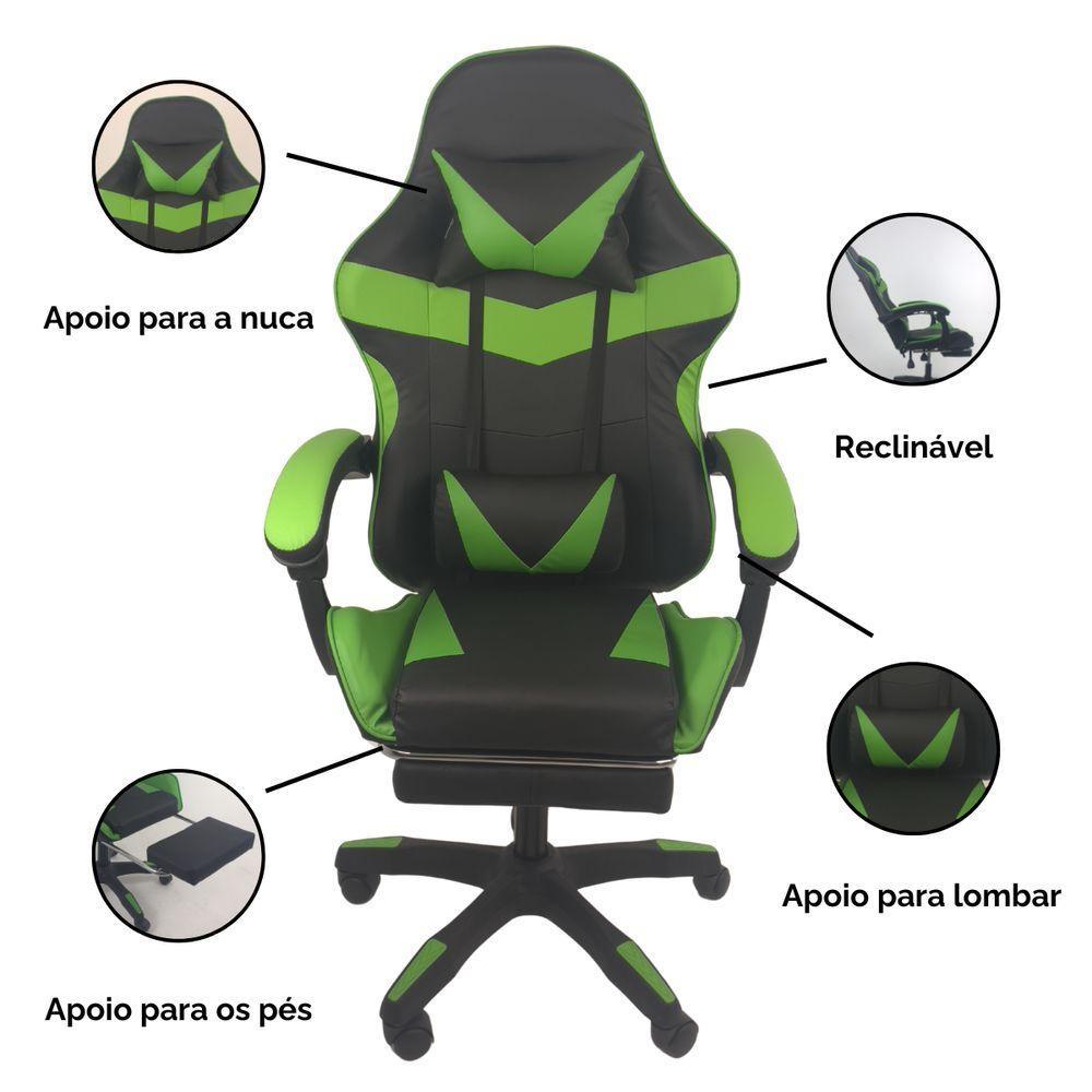 Cadeira Gamer Stillus Ergonômica Com Apoio Para Os Pés Preto Verde - 2