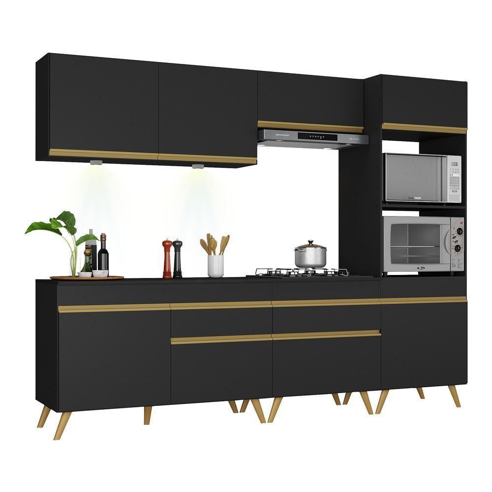 Armário De Cozinha Completa 252cm Com Leds Veneza Up Multimóveis V2035 Preto/dourado Preto/dourado - 1