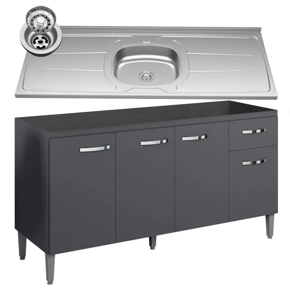 Balcão Gabinete Com Pia Inox 150cm 4 Portas E 1 Gaveta Gabriela Preto - Ajl Móveis - 1