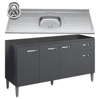 Balcão Gabinete Com Pia Inox 150cm 4 Portas E 1 Gaveta Gabriela Preto - Ajl Móveis - 1