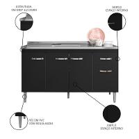 Balcão Gabinete Com Pia Inox 150cm 4 Portas E 1 Gaveta Gabriela Preto - Ajl Móveis - 3