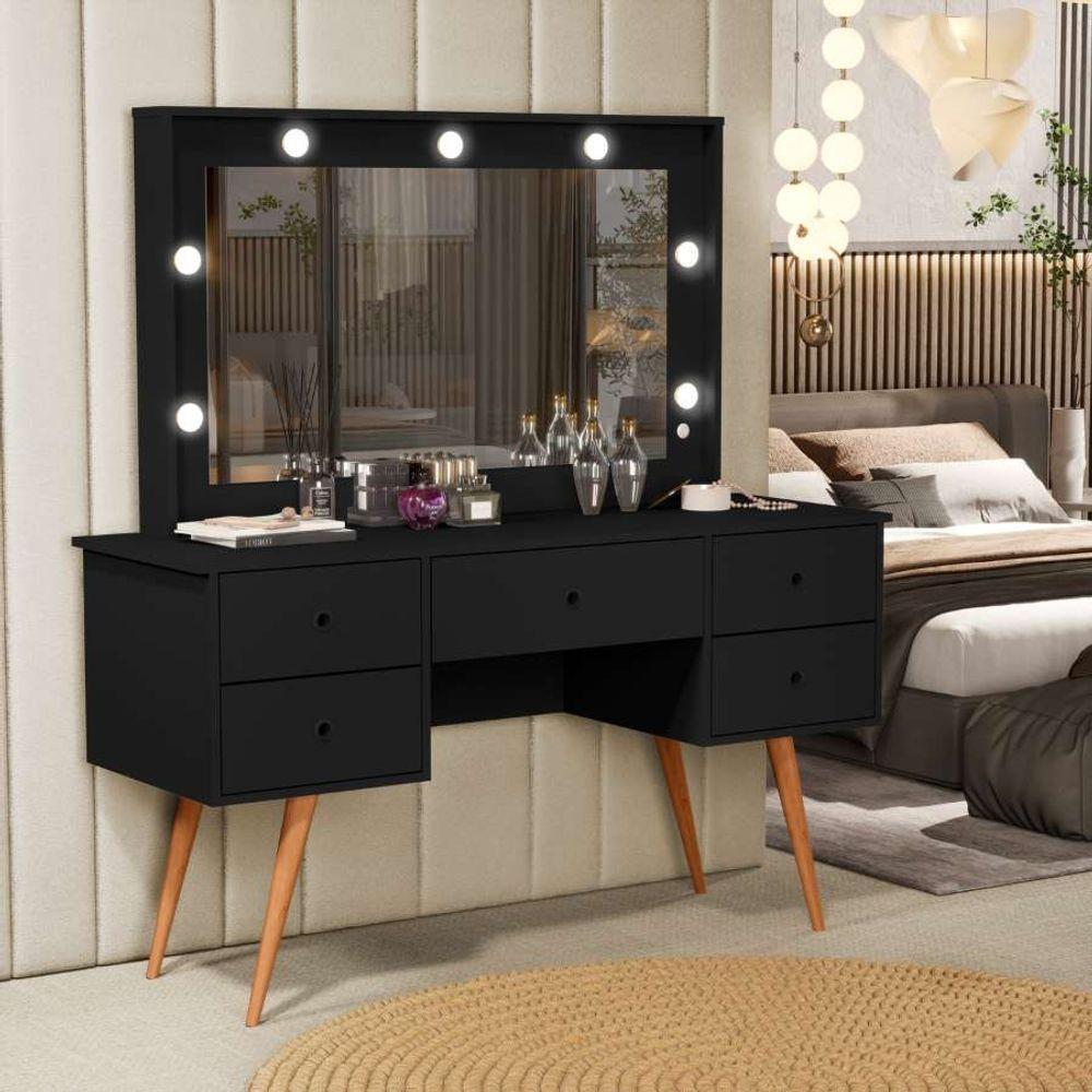 Penteadeira Camarim Bancada Maquiagem 100% Mdf Espelho Led 5 Gavetas Pés Palito Retrô Preta - 1