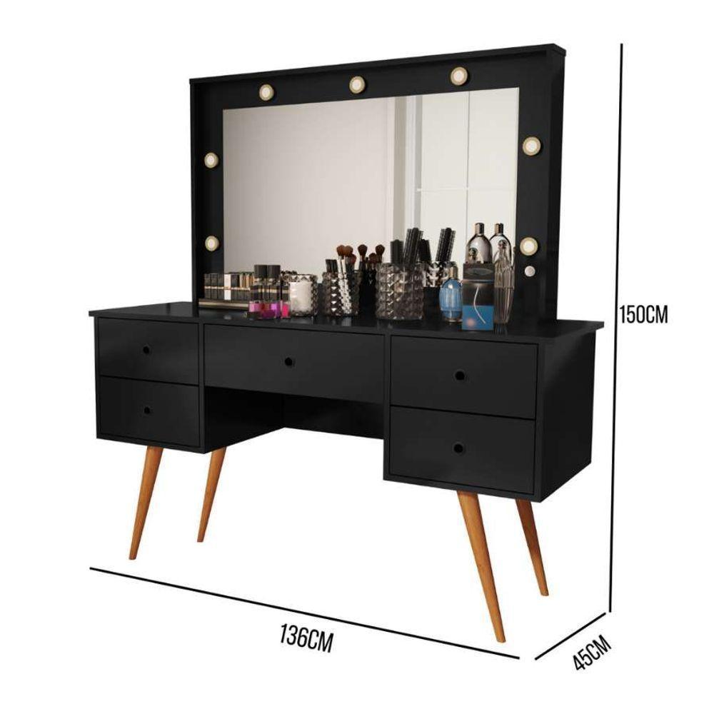 Penteadeira Camarim Bancada Maquiagem 100% Mdf Espelho Led 5 Gavetas Pés Palito Retrô Preta - 3