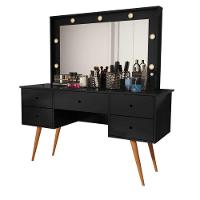Penteadeira Camarim Bancada Maquiagem 100% Mdf Espelho Led 5 Gavetas Pés Palito Retrô Preta - 2
