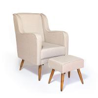 Cadeira Poltrona De Amamentação C/ Puff Linho Bege Pés Palito - Lahome Decor - 1