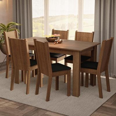 Conjunto de Jantar Analu 6 Lugares Mesa com Tampo em MDP e Cadeiras Estofadas Rustic Preto