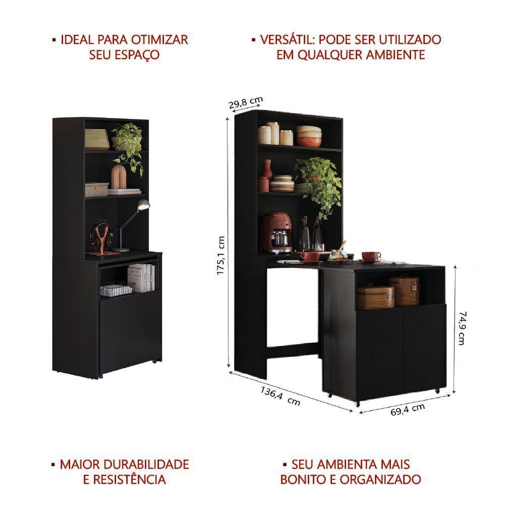 Armário De Cozinha Multifuncional Com Mesa Retrátil Para Café Duo Kit's Paraná Preto - 4