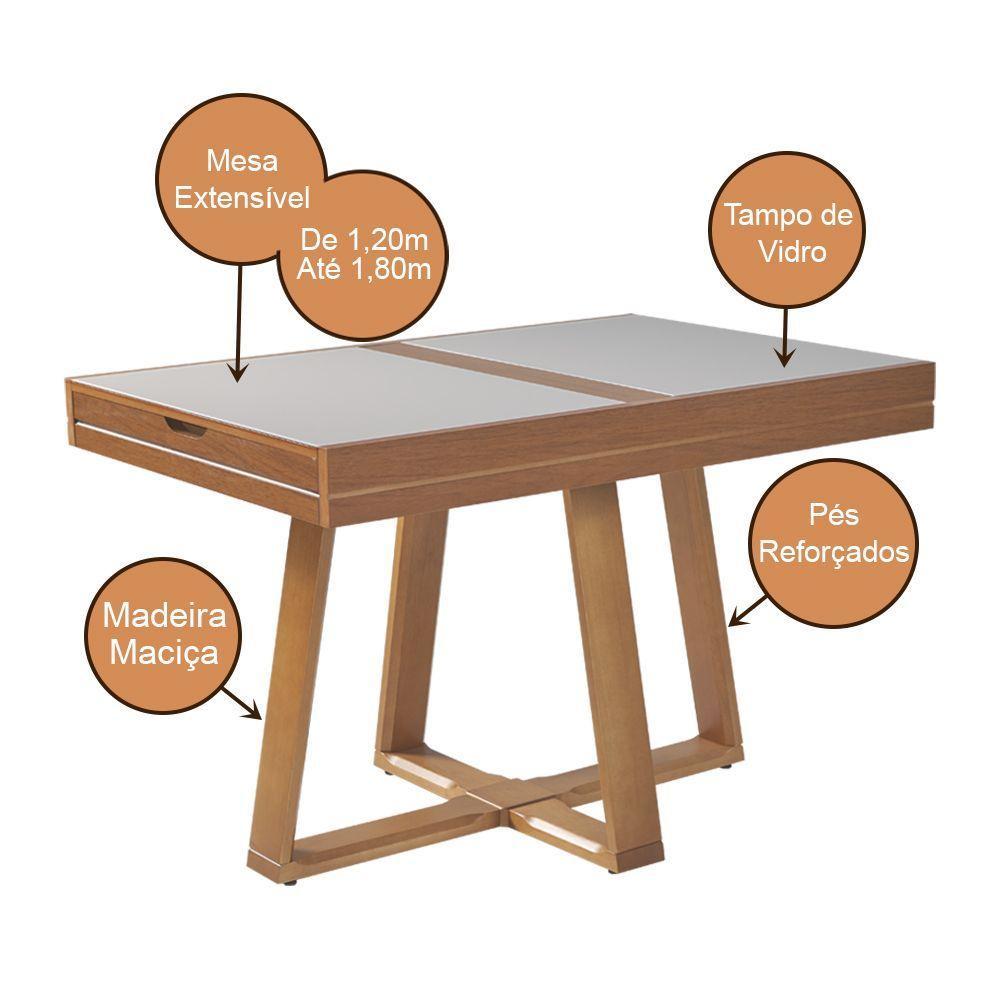Mesa De Jantar Caroline 1,20m Extensível 1,80m Em Madeira Maciça Mel Tampo Vidro Off White - 2