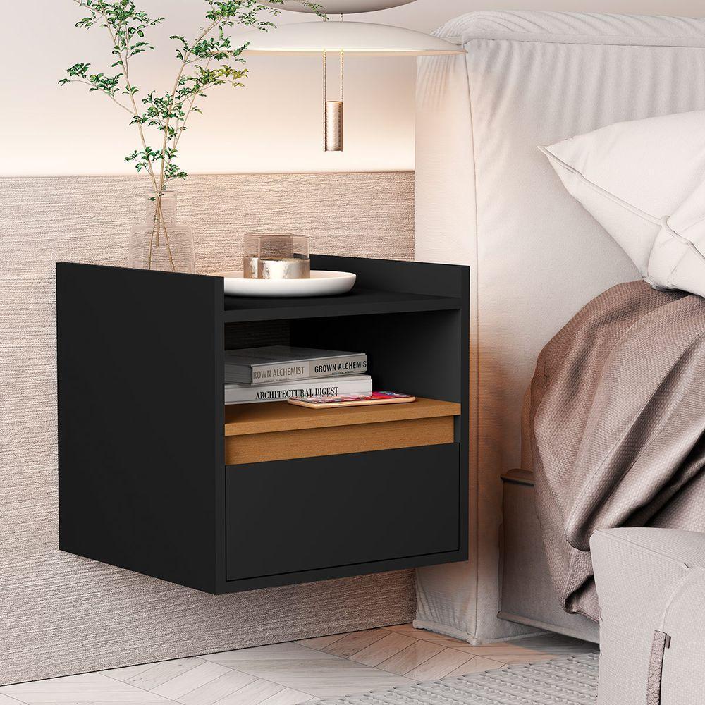 Mesa Cabeceira Suspensa Quarto Minerva Preto Nature - 1