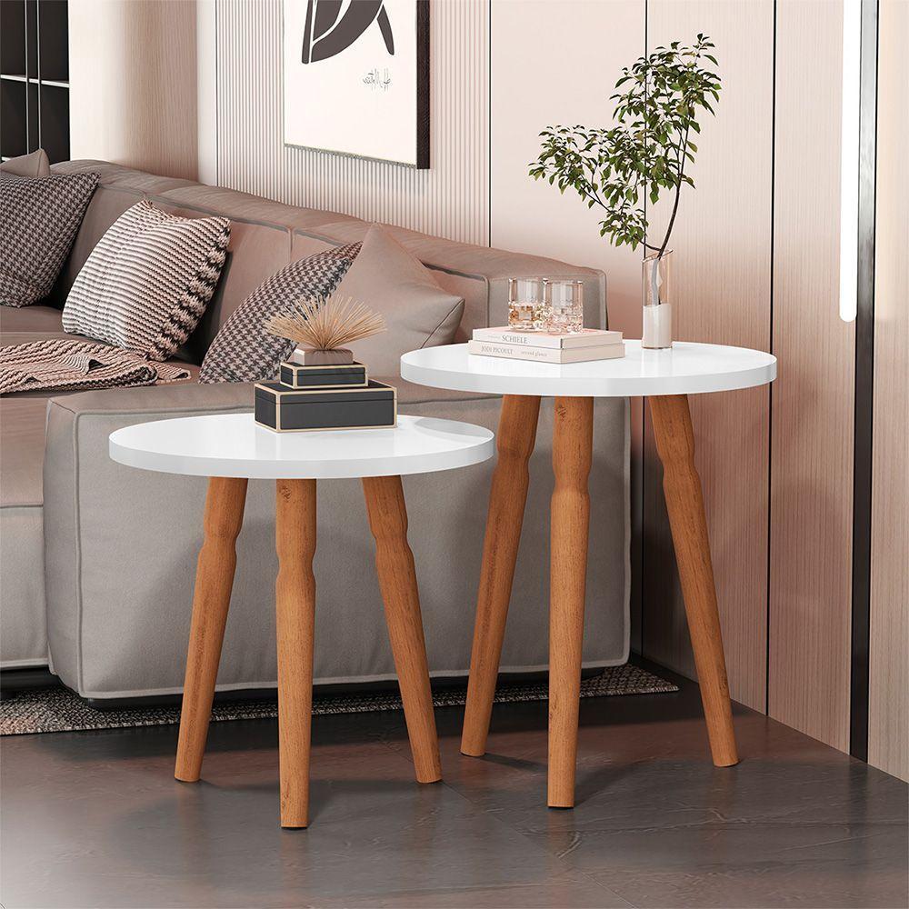 Conjunto Mesa De Cabeceira Redonda Canto Apoio Cama Quarto Atalanta Branco - 1