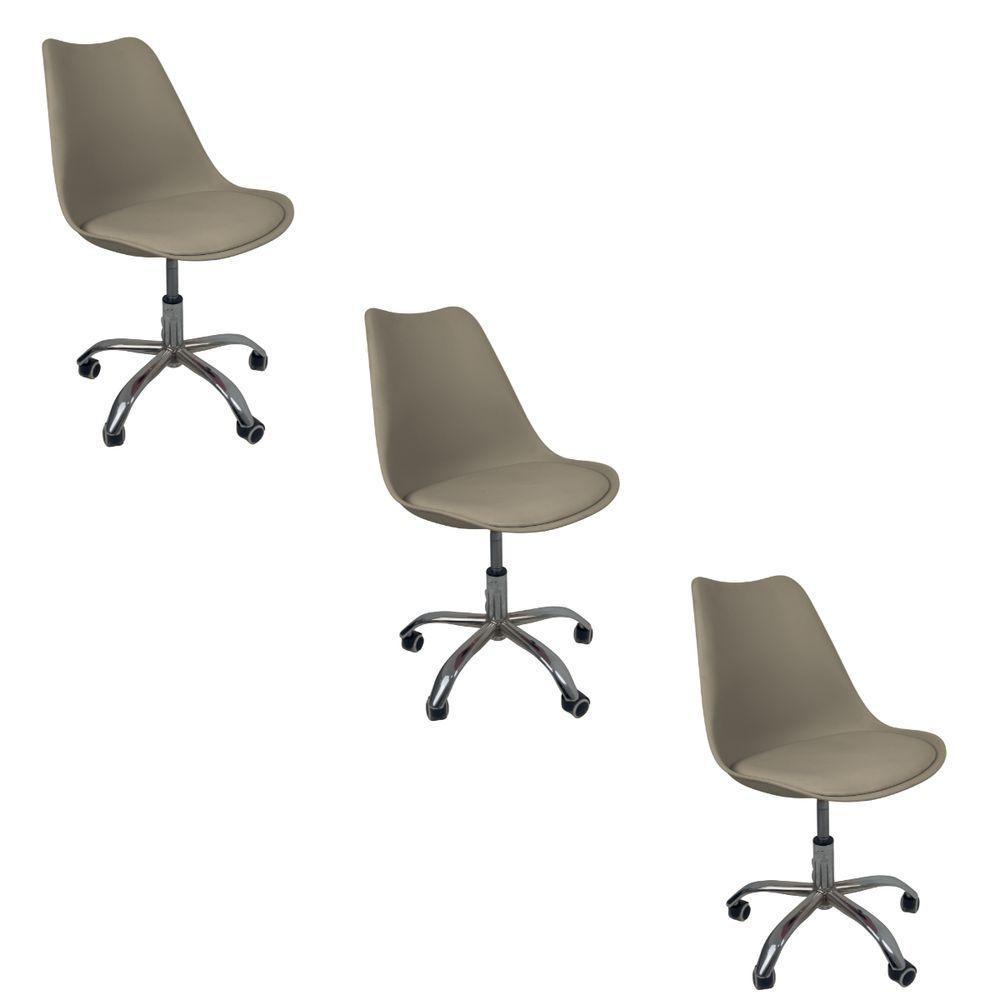 Kit 3 Cadeiras Office Base Cromada Com Rodizio Giratória Saarinen Bege - 1