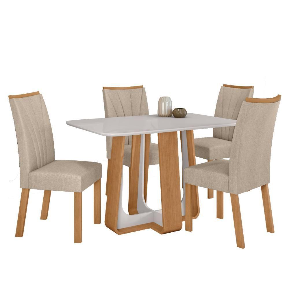 Conjunto Sala de Jantar Mesa 120x80cm Tampo Vidro/MDF 4 Cadeiras Linho Bege Amendoa Clean/off White - 2