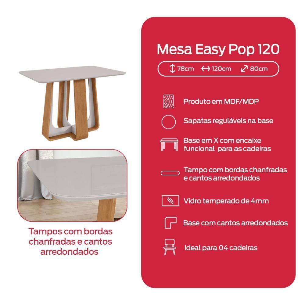 Conjunto Sala de Jantar Mesa 120x80cm Tampo Vidro/MDF 4 Cadeiras Linho Bege Amendoa Clean/off White - 3
