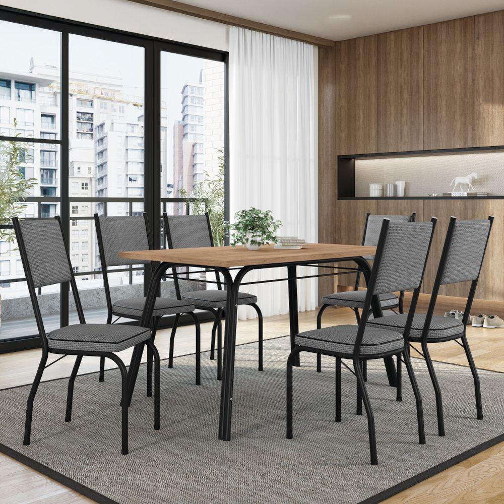 Conjunto De Mesa Sala De Jantar Diana Com 6 Cadeiras Tampo Madeirado 1,36m Preto/platina Artefamol Pret/cinza - 2