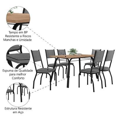 Conjunto De Mesa Sala De Jantar Diana Com 6 Cadeiras Tampo Madeirado 1,36m Preto/platina Artefamol Pret/cinza