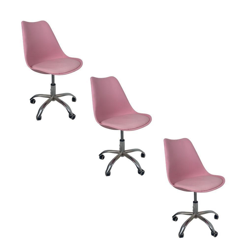 Kit 3 Cadeiras Office Base Cromada Com Rodizio Giratória Saarinen Rosa - 1