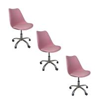 Kit 3 Cadeiras Office Base Cromada Com Rodizio Giratória Saarinen Rosa - 1