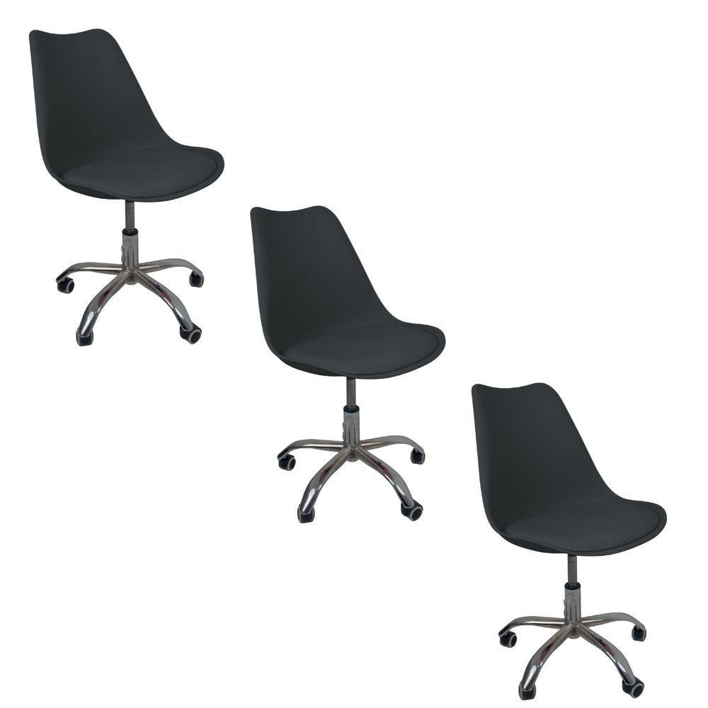 Kit 3 Cadeiras Office Base Cromada Com Rodizio Giratória Saarinen Preto - 1