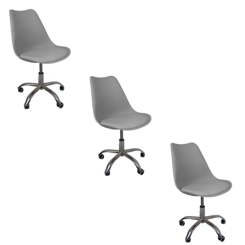 Kit 3 Cadeiras Office Base Cromada Com Rodizio Giratória Saarinen Cinza - 1