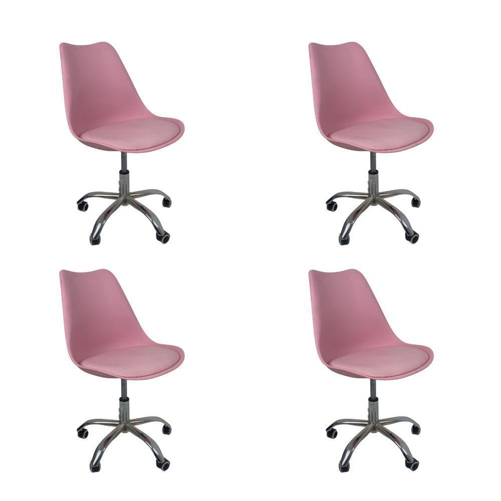 Kit 4 Cadeiras Office Base Cromada Com Rodizio Giratória Saarinen Rosa - 1