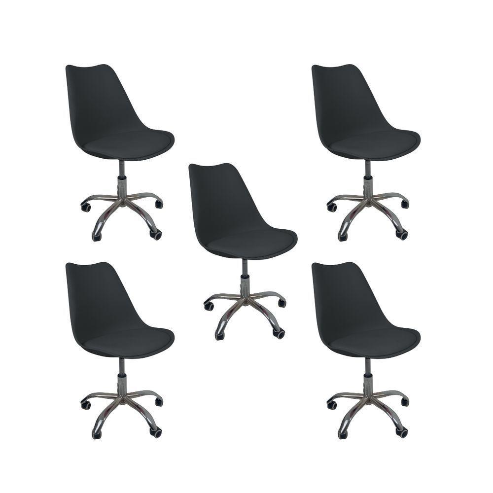 Kit 5 Cadeiras Office Base Cromada Com Rodizio Giratória Saarinen Preto - 1
