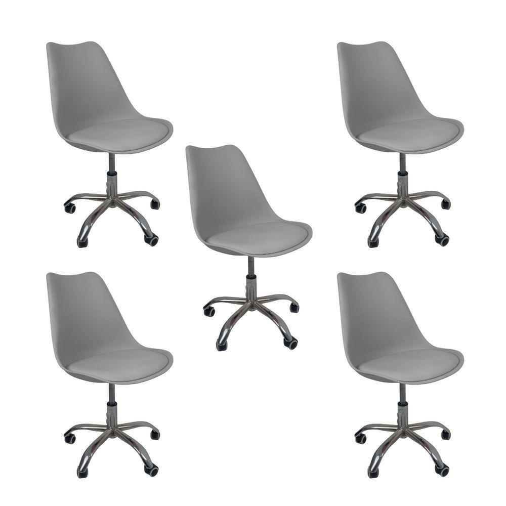 Kit 5 Cadeiras Office Base Cromada Com Rodizio Giratória Saarinen Cinza - 1