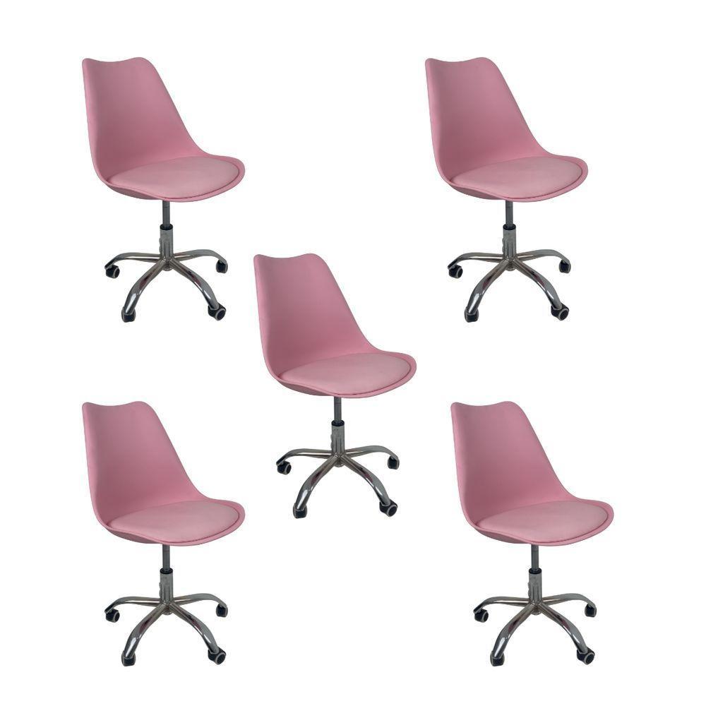 Kit 5 Cadeiras Office Base Cromada Com Rodizio Giratória Saarinen Rosa - 1