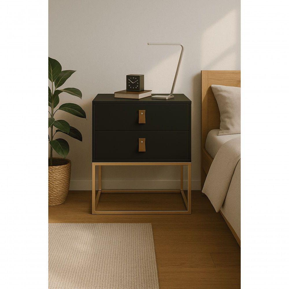 Mesa De Cabeceira Unic 45 Preto Base Metalica Dourada - 1