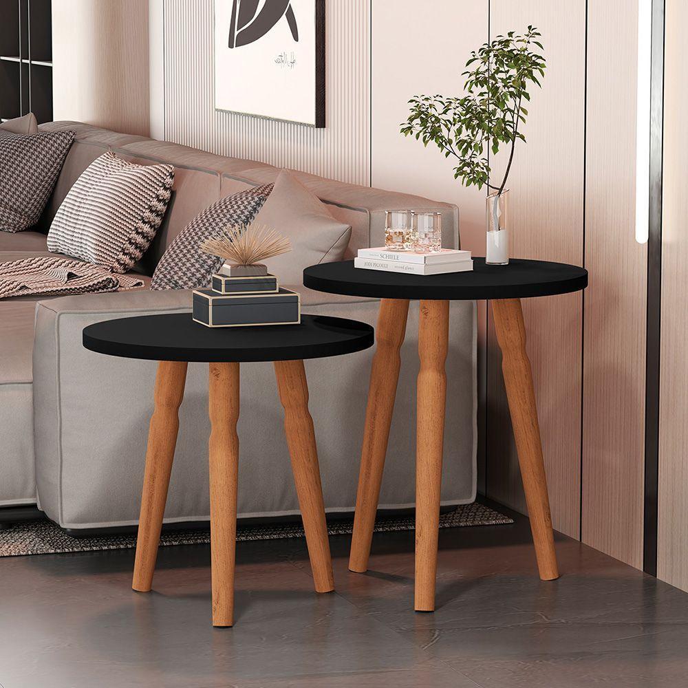 Conjunto Kit Mesa De Cabeceira Redonda Canto Apoio Cama Quarto Atalanta Preto - 1