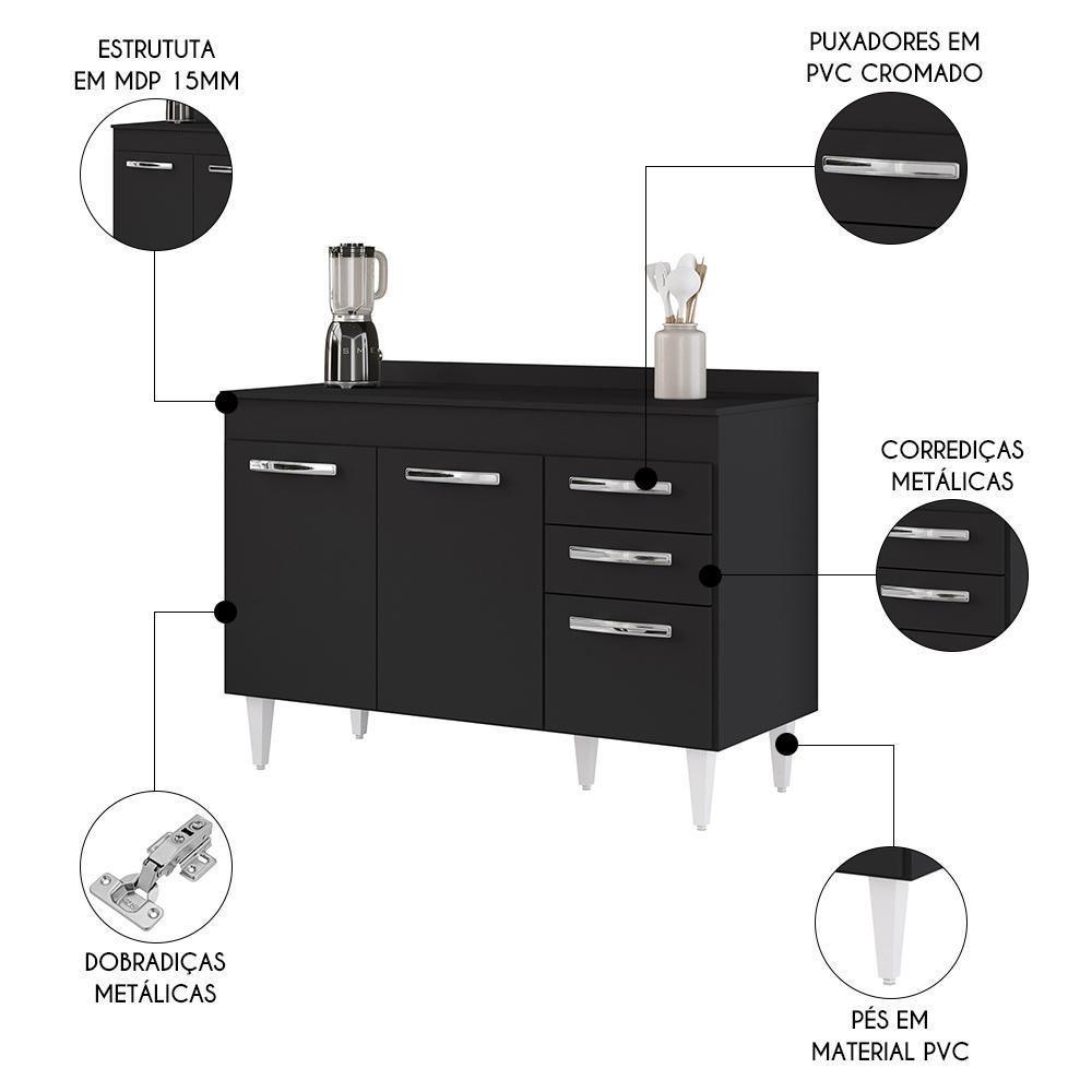 Balcão Gabinete Para Pia 120cm 3 Portas Com Tampo Suécia Preto - Lumil - 3
