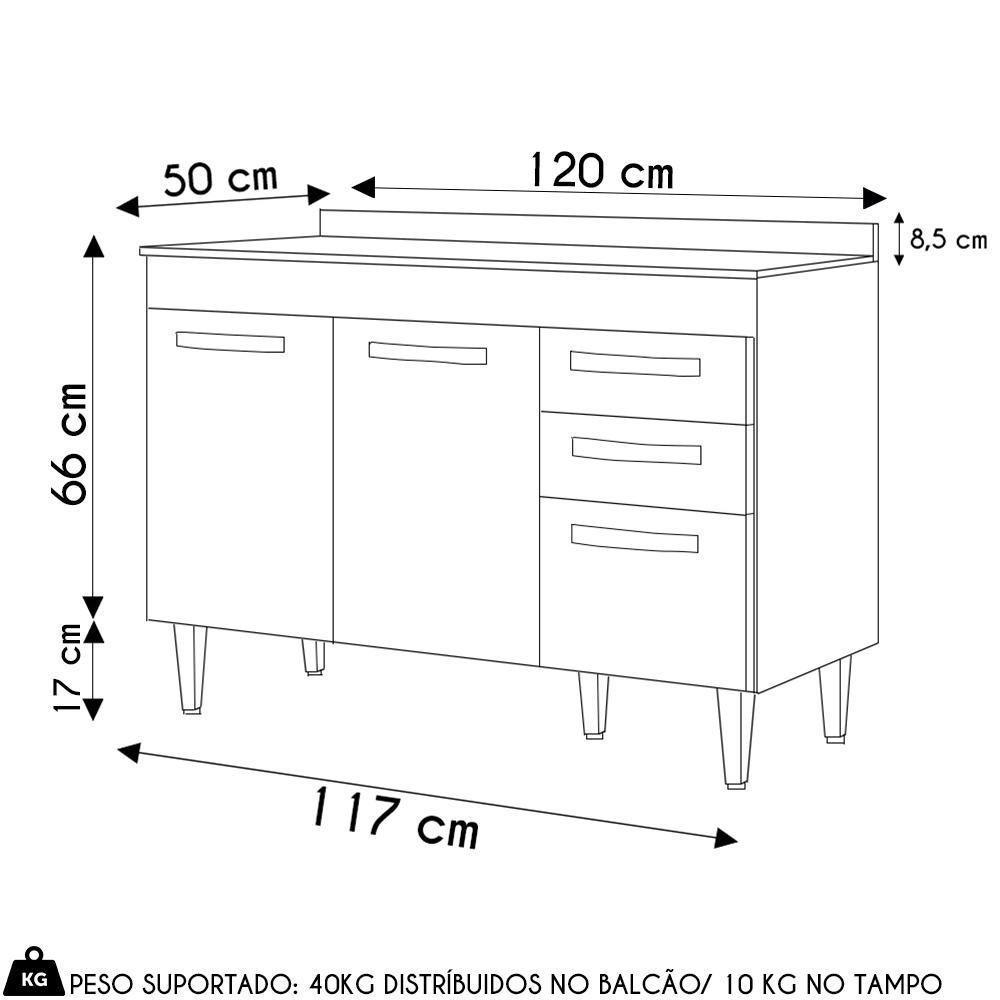 Balcão Gabinete Para Pia 120cm 3 Portas Com Tampo Suécia Preto - Lumil - 4