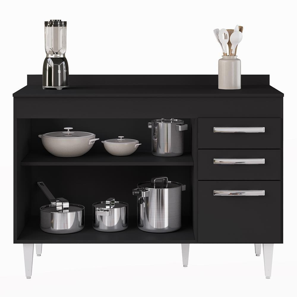 Balcão Gabinete Para Pia 120cm 3 Portas Com Tampo Suécia Preto - Lumil - 6