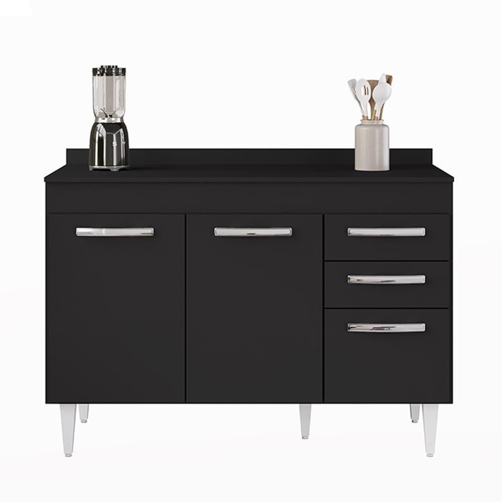 Balcão Gabinete Para Pia 120cm 3 Portas Com Tampo Suécia Preto - Lumil - 7