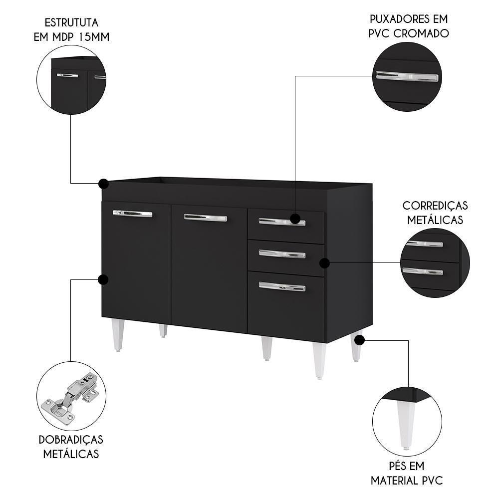 Balcão Gabinete Para Pia 120cm 3 Portas Sem Tampo Suécia Preto - Lumil - 3
