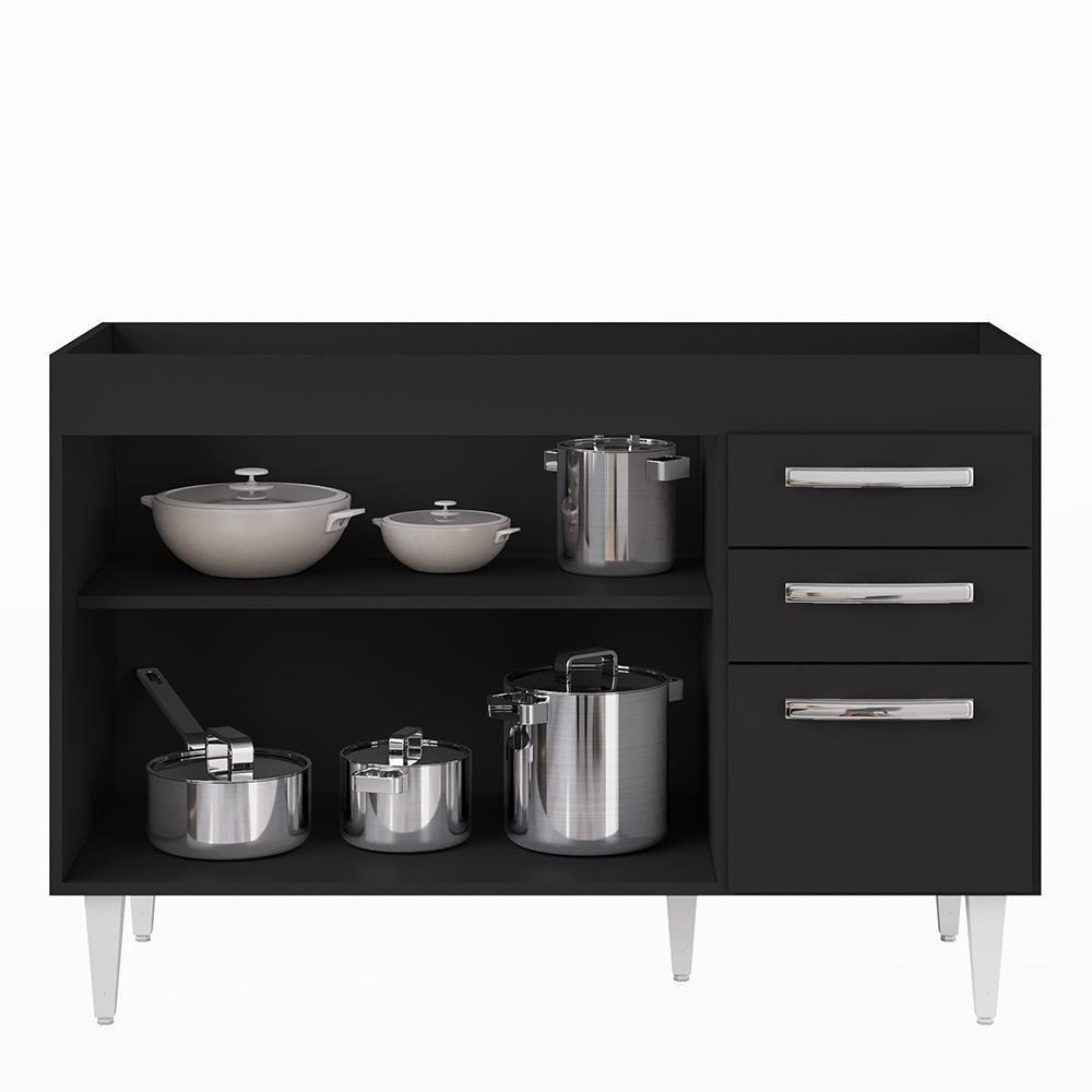 Balcão Gabinete Para Pia 120cm 3 Portas Sem Tampo Suécia Preto - Lumil - 6
